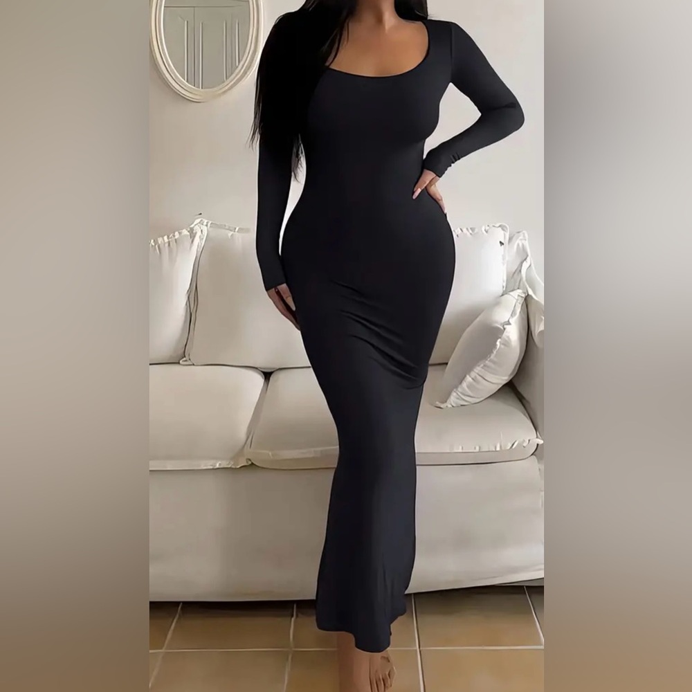 NWT Black Solid Bodycon Ankle Dress, Casual Scoop Neck Long Sleeve Size 2XL